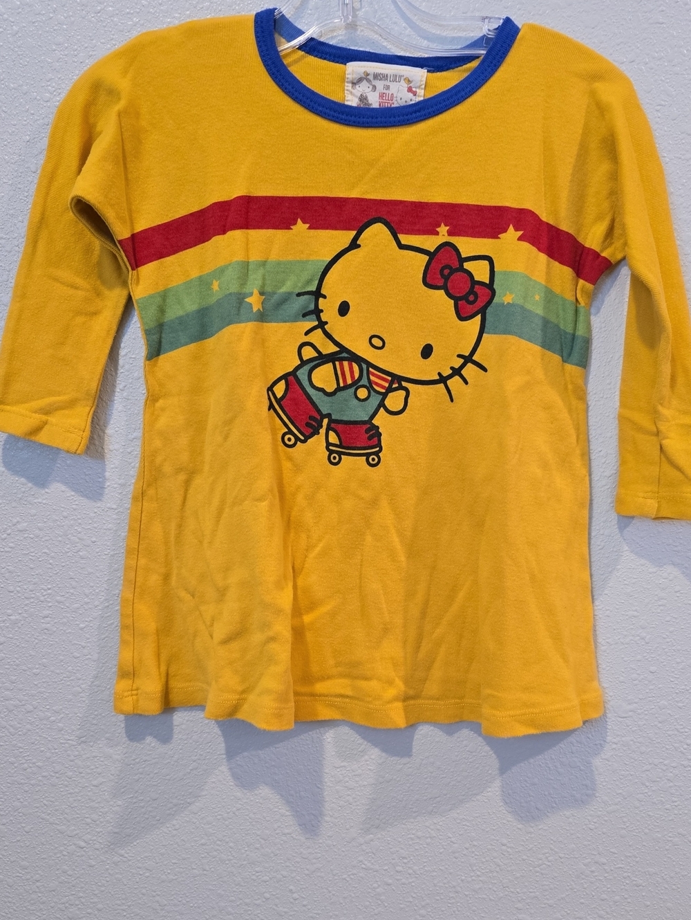 Hello Kitty Bright Yellow Long Sleeve Tee with Rainbow Stripe
